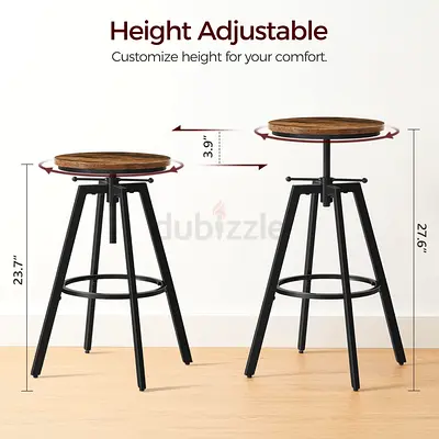 Set of 2 Industrial Height-Adjustable Wooden Top Bar Stools with Footrest