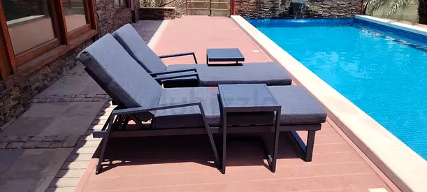 Set of 2 Outdoor Adjustable Sun Loungers with Cushions and Side Tables