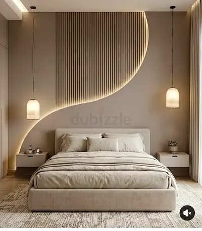 Modern neutral upholstered double bed with bedside shelves