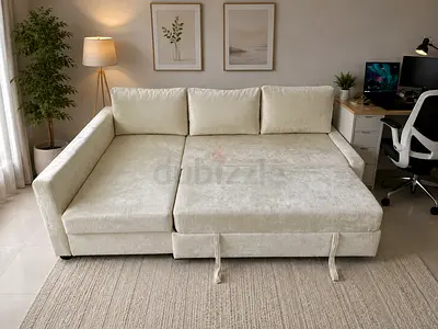 Premium Cream Velvet L-Shape Sofa Bed | Modern | Like New