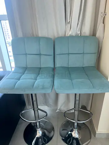 Set of 2 light blue velvet adjustable bar stools - good condition