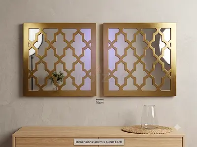 Pair of Decorative Wall Mirrors with Geometric Wooden Frames - 40x40cm Each