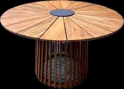 Round Wooden (Acacia Wood) Outdoor Dining Table with Slatted Base (Teak-style)