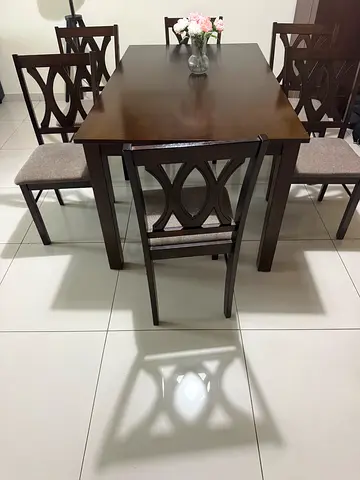 Dark Wood 6-Seater Dining Table with Upholstered Chairs