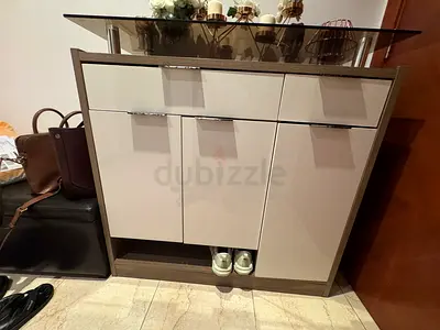 Modern High-Gloss Hallway Shoe Cabinet with Glass Top