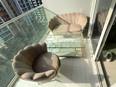 Set of 2 Beige Velvet Shell Chairs with Glass & Gold Coffee Table