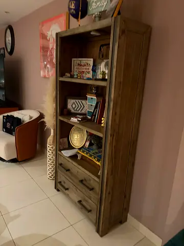 Solid wood tall bookcase / display cabinet with drawers - used