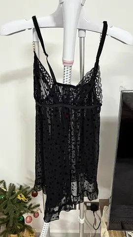 Black sheer lace slip dress / nightdress - size small