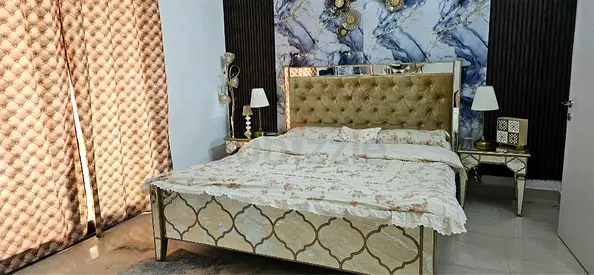 Casablanca Super King size mirrored bed frame with mattress and two bedside tables and dresser mirr