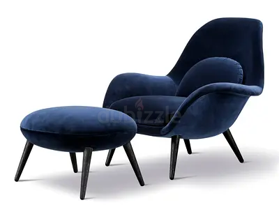 Fredericia Swoon Lounge Chair + Ottoman by Space Copenhagen, fully upholstered in Blue velvet fabric