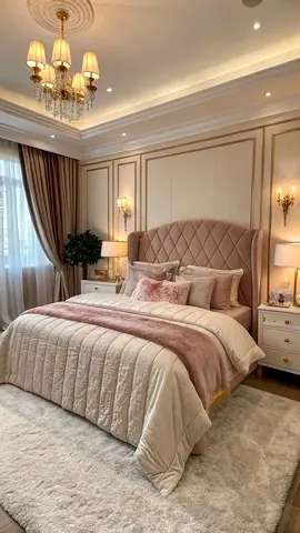 Queen upholstered bed with padded headboard in neutral pink-beige