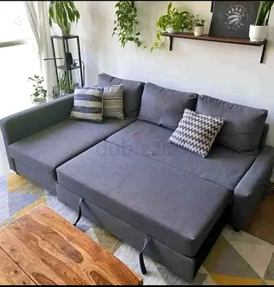 Grey L-shaped sofa bed with chaise - convertible, good condition