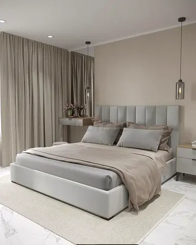 Modern upholstered king-size bed with padded headboard