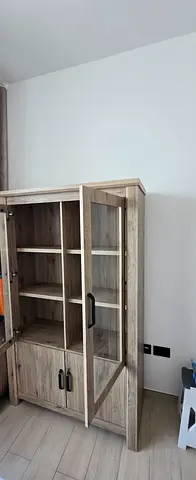 Wooden Display Cabinet with Glass Doors - Light Oak Finish