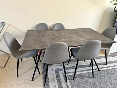 Modern 6-Seater Dining Table with Grey Upholstered Chairs