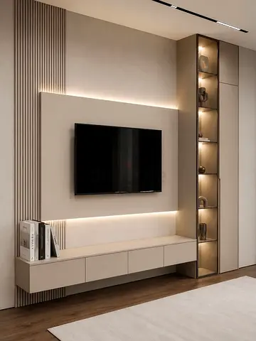 Modern wall-mounted TV unit with illuminated display shelves