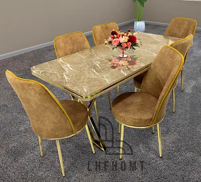 6-Seater Marble Top Dining Table with Velvet Chairs - Gold Frame