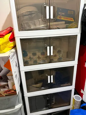 White Plastic Storage Cabinet with 4 Smoky Doors - Good Condition