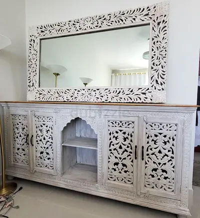 Large solid wood Carved Wooden Sideboard with Matching Mirror - Distressed White