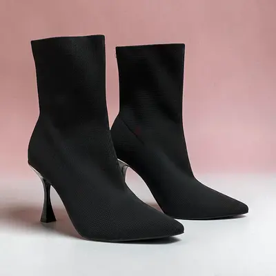 River Island Black Stretch Sock Ankle Boots with Stiletto Heel - EU 38