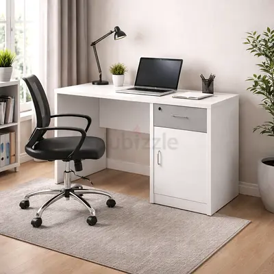 White Office Desk 120CM with Drawer & Cabinet – Modern Study Table for Home & Office