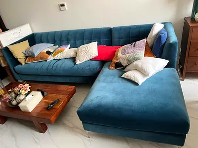 Crate & Barrel - Blue velvet L-shaped sectional sofa with chaise - good condition