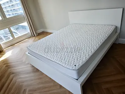 White Platform Bed Frame with Mattress - Modern Queen Size