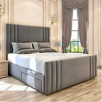 Grey Upholstered King Bed with Storage Drawers