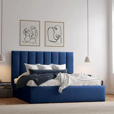 New Blue Upholstered king size Bed With Mattress Vertical Channel Headboard with Top Pillow Mattress