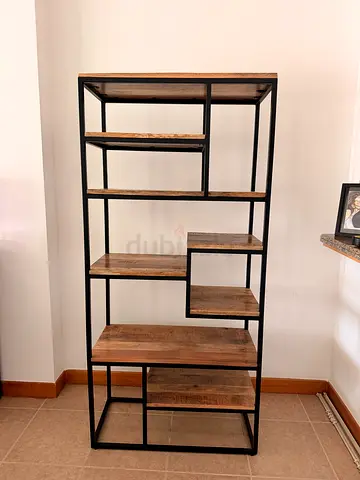 Industrial-style metal and wood open shelving unit (tall bookcase)