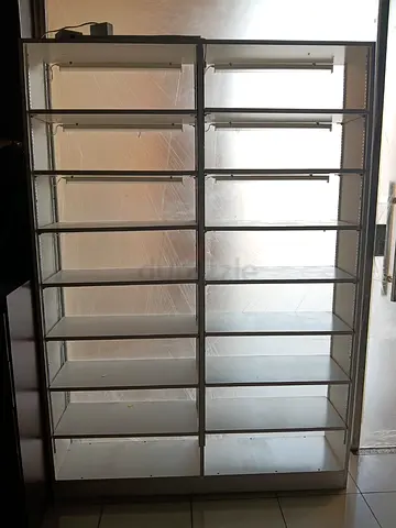 White Double-Column Metal & Wood Shelf Unit - 12 Shelves per Side, Good Condition