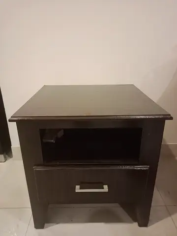 Dark Wood Bedside Table with Drawer and Open Shelf