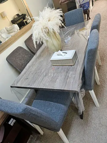 Wooden Dining Table with 4 Upholstered Chairs - Light Grey and 2 brown chairs