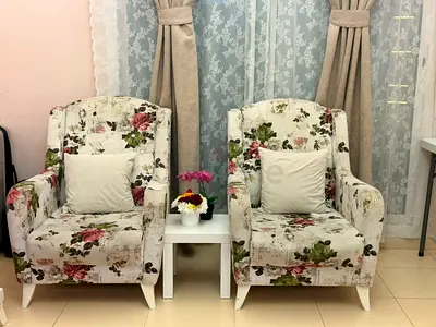Pair of Floral Upholstered Armchairs with Cushions - Good Condition