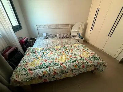 Queen bed frame with mattress and bedside table - light wood