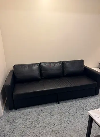 Black 3-Seater Leather Sofa Bed - Good Condition