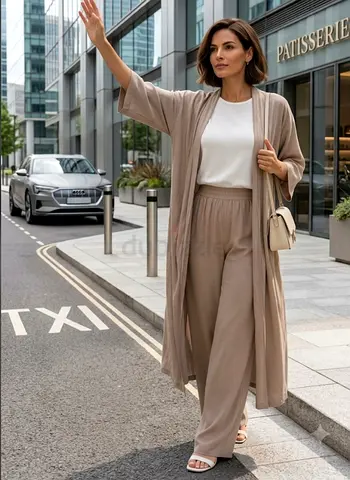Lightweight Long Duster Cardigan and Wide-Leg Trousers Set - (Free Size)
