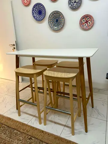 IKEA-style bar table with 4 wooden stools - light oak & white top