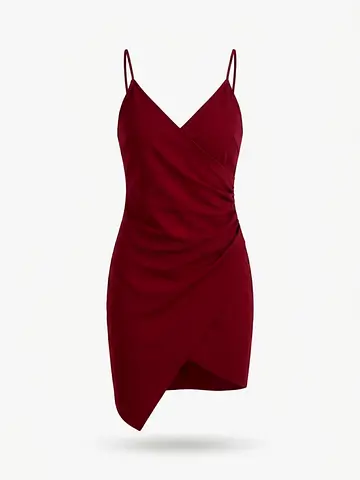Maroon Wrap Bodycon Mini Dress with Spaghetti Straps