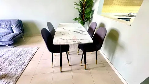 Marble-top dining table with 4 upholstered chairs - modern set