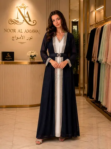 Elegant navy abaya with silver trim and inner dress, size available