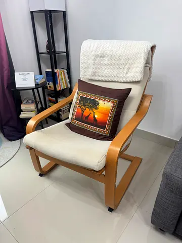 Light wooden frame armchair with white cushion (IKEA)