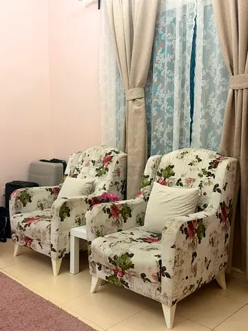 Pair of Floral Upholstered Armchairs with Cushions - Good Condition