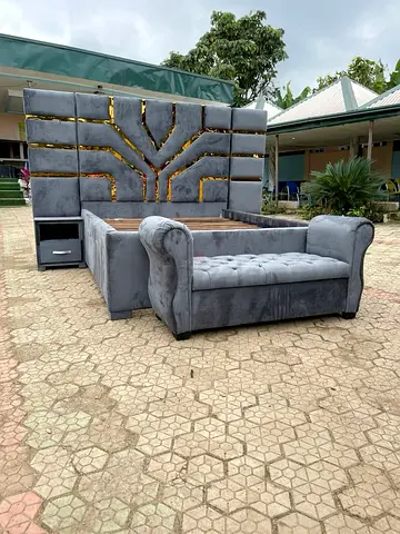 Large Grey Velvet King Bed Frame with Upholstered Headboard