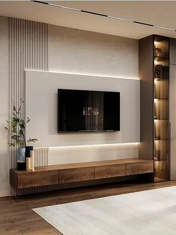 Modern wall-mounted entertainment unit with built-in shelving and LED lighting