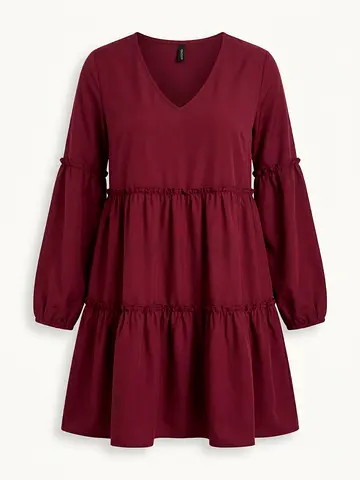 Maroon Long Sleeve Tiered V-Neck Mini Dress