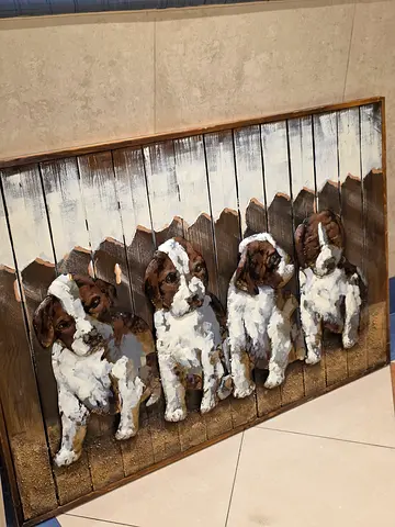 Handmade Rustic 3D Metal Cutout of Four Puppies on a Solid Wooden Panel. Wall Hanging. AED. 330 Only