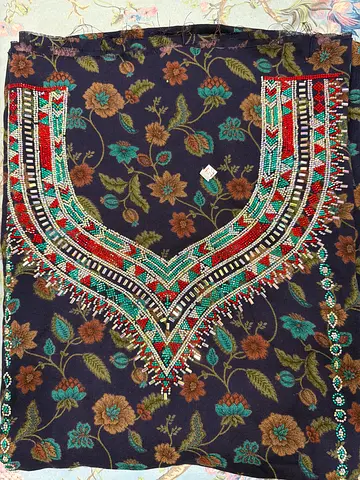 Embroidered floral fabric panel with beaded neckline - navy ( Arabic Mukawar Cloth unstiched )