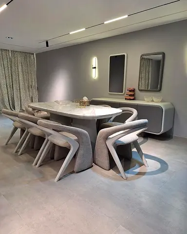 Modern Marble Dining Table with 8 Curved Upholstered Chairs | Custom made dining set