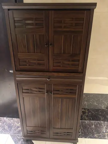Solid Wood Tall Shoe Cabinet / Storage Cupboard - Dark Brown